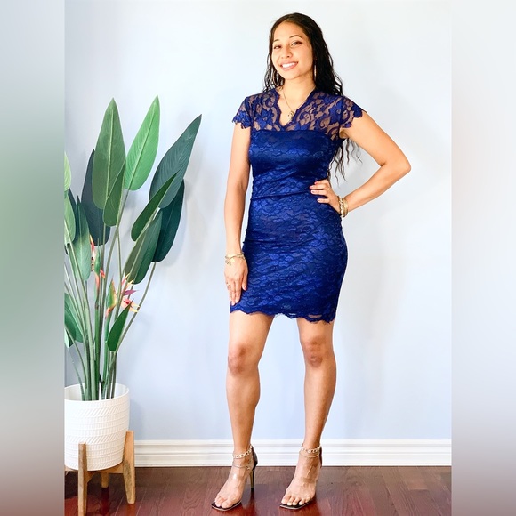 Lace Evening Dress - (Navy Blue) - Picture 1 of 4